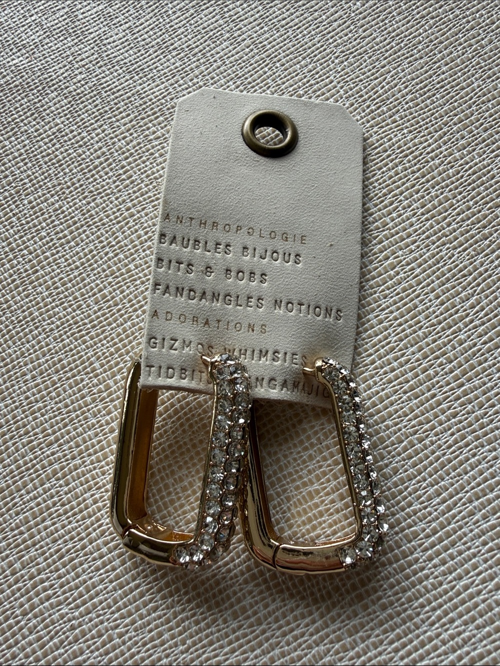 Anthropologie Gold Crystal Rectangle Hoop Earrings